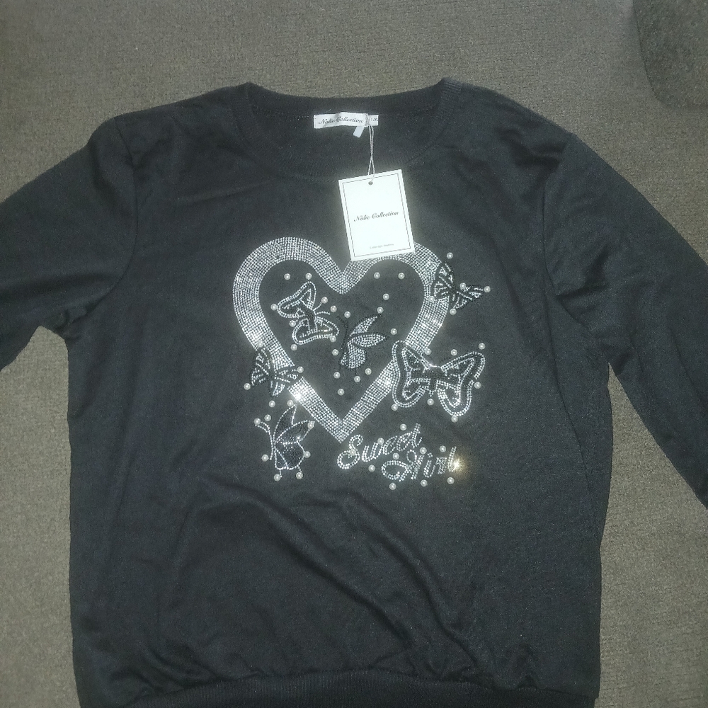 Black Sweatshirt with Heart and Butterfly Design